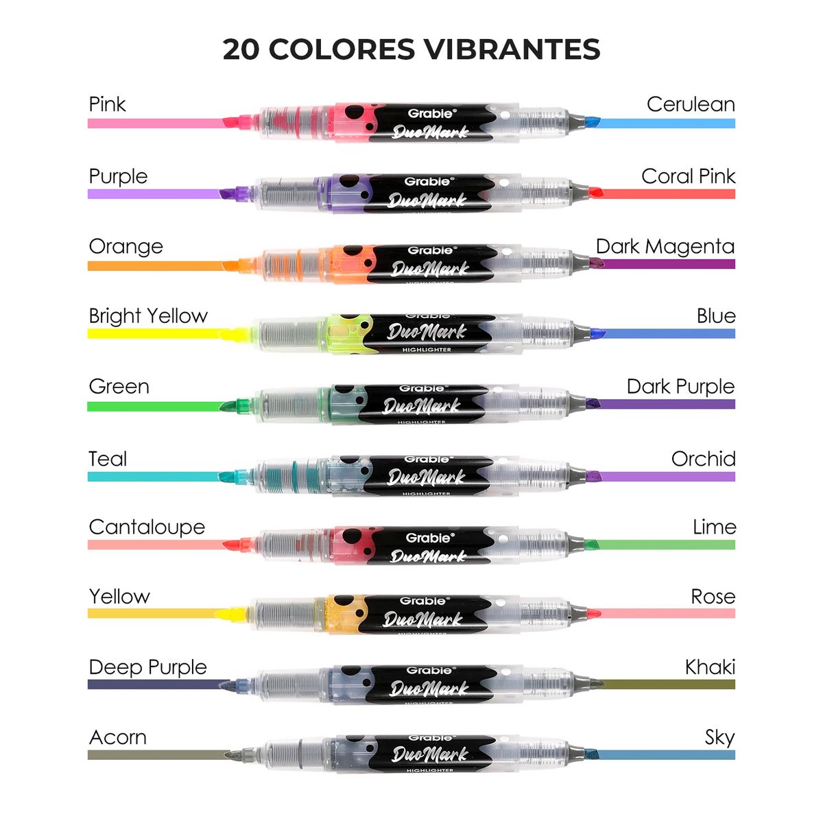 GRABIE - Grabie Set de 10 Destacadores Duomark 2 en 1, 20 colores