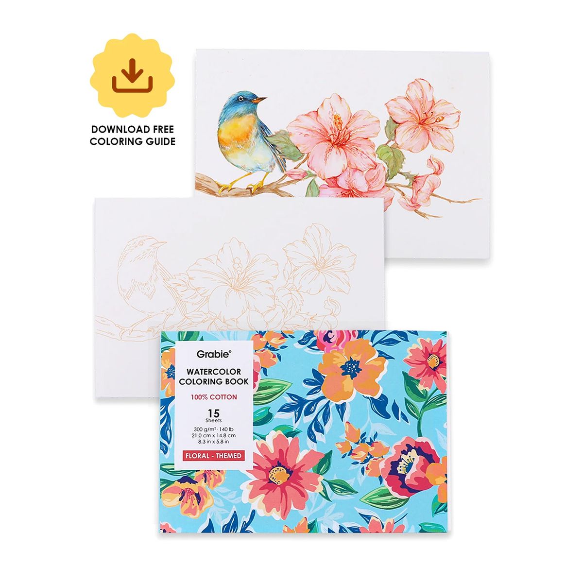 GRABIE - Libro de Acuarela para Colorear 15 hojas A5 300g/m² Floral