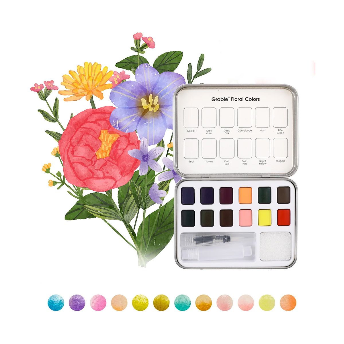 GRABIE - Grabie Set Acuarela de Bolsillo + Pincel 12 colores Florales