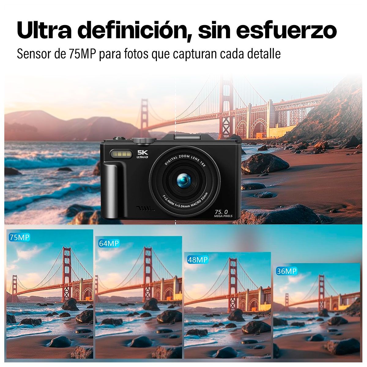 GENERICO - Camara Digital 5k Aq Pantalla 3 Giratoria Wifi Zoom 18x Bateria Recargable Negro