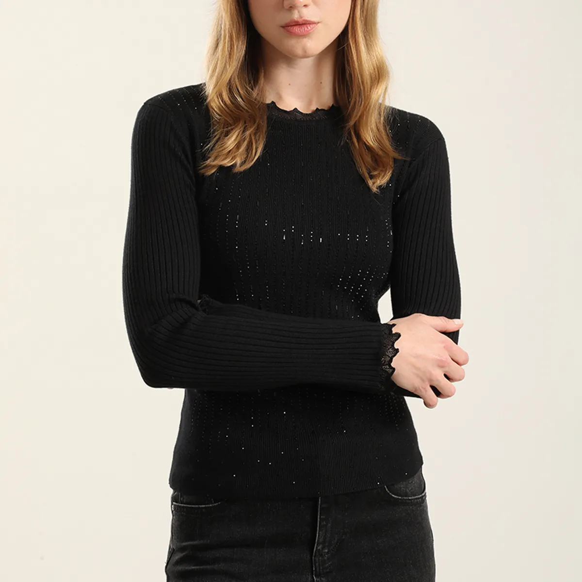 LIOLA - Jersey Punto Aplicacion Strass, Negro Liola