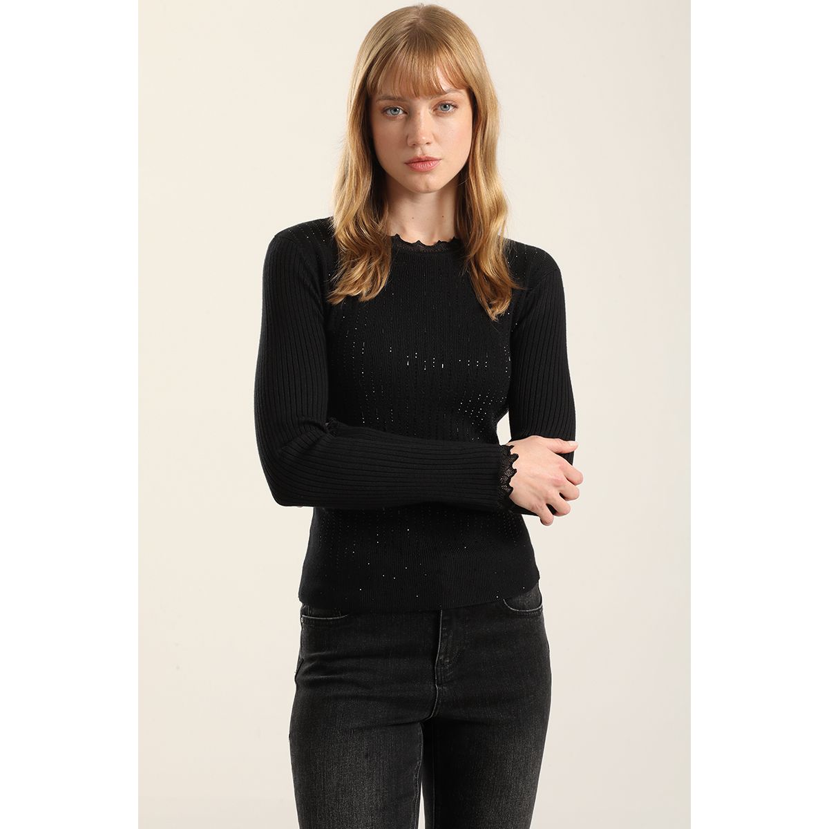 LIOLA - Jersey Punto Aplicacion Strass, Negro Liola