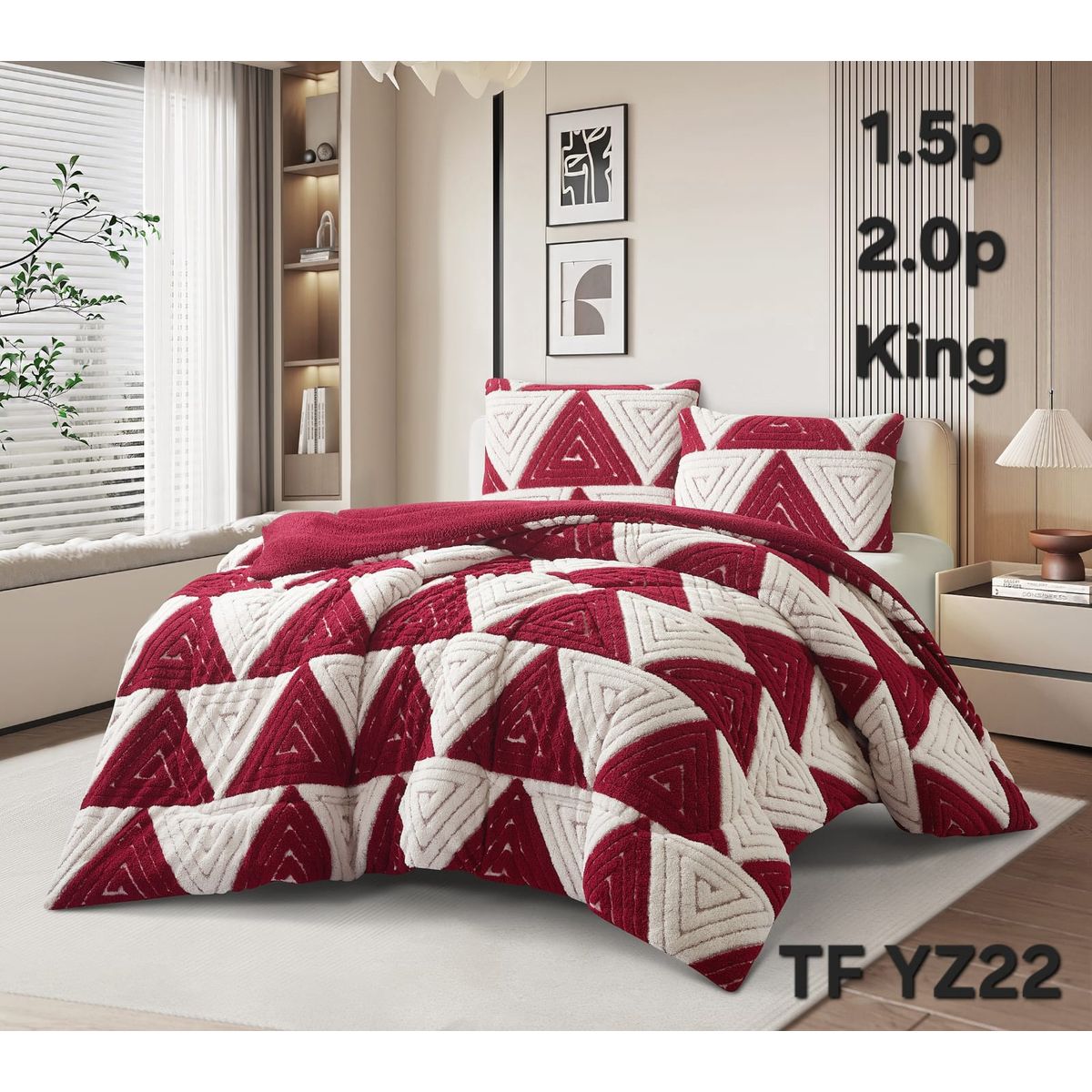 GENERICO - Cobertor de Invierno con Chiporro Jacquard Cutting 2 Plazas Triangulos Burdeo
