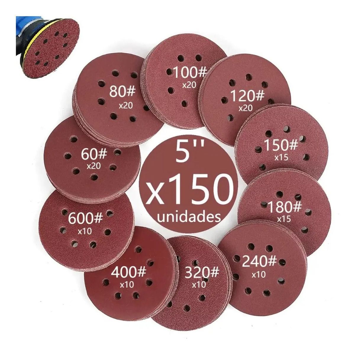 EVERSO - 150 Disco De Lijas Con Velcro 8 Agujeros 5 125mm P60-600