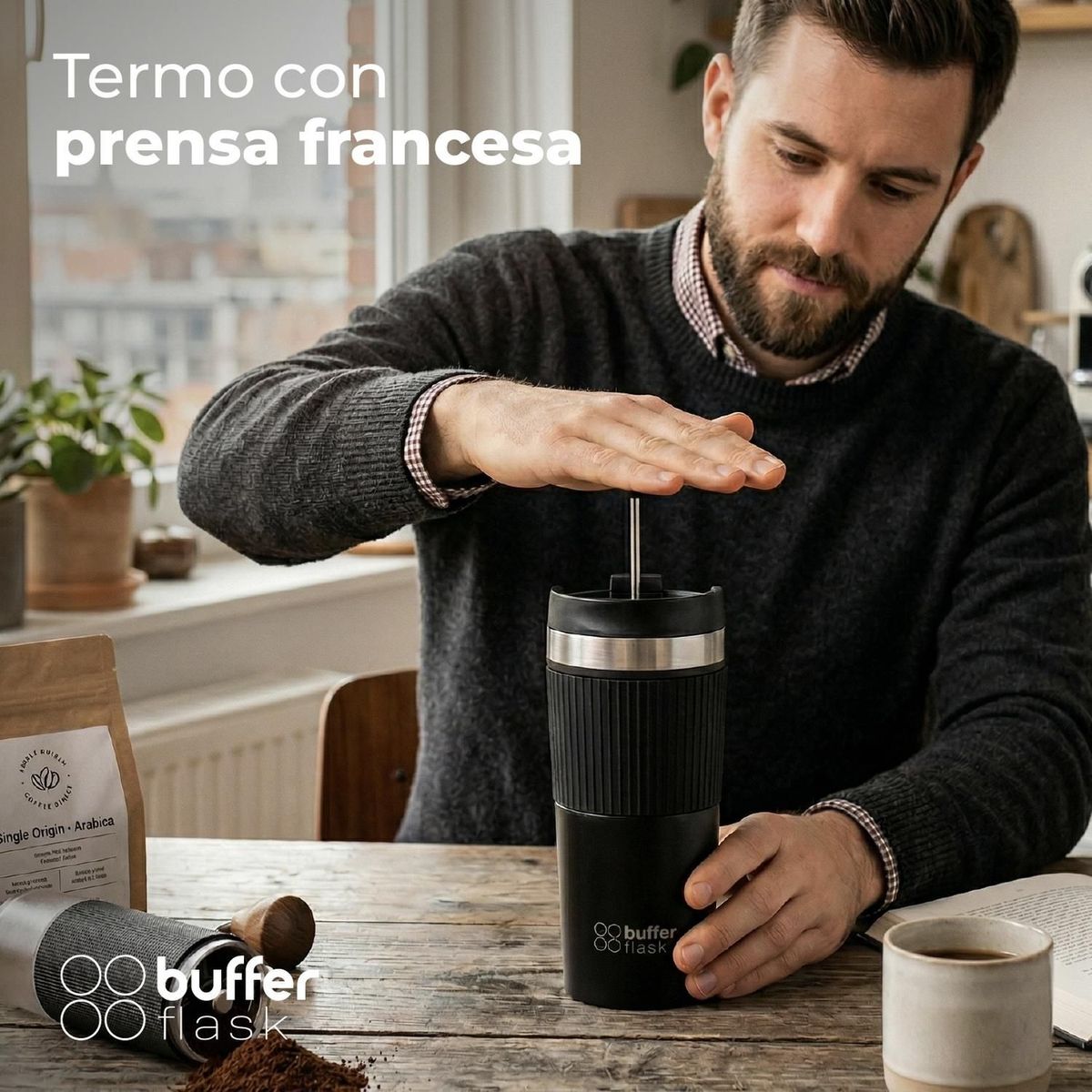 BUFFER FLASK - Termo Prensa Francesa Portatil Buffer 350ml Acero Inoxidable - Negro