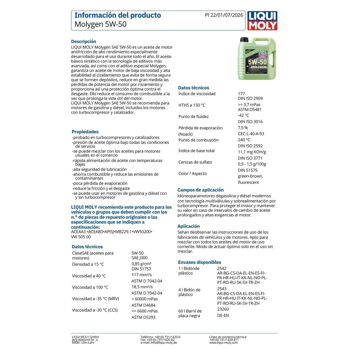 LIQUI MOLY - Lubricante Motor 5w50 Molygen New Generation 1 Litro