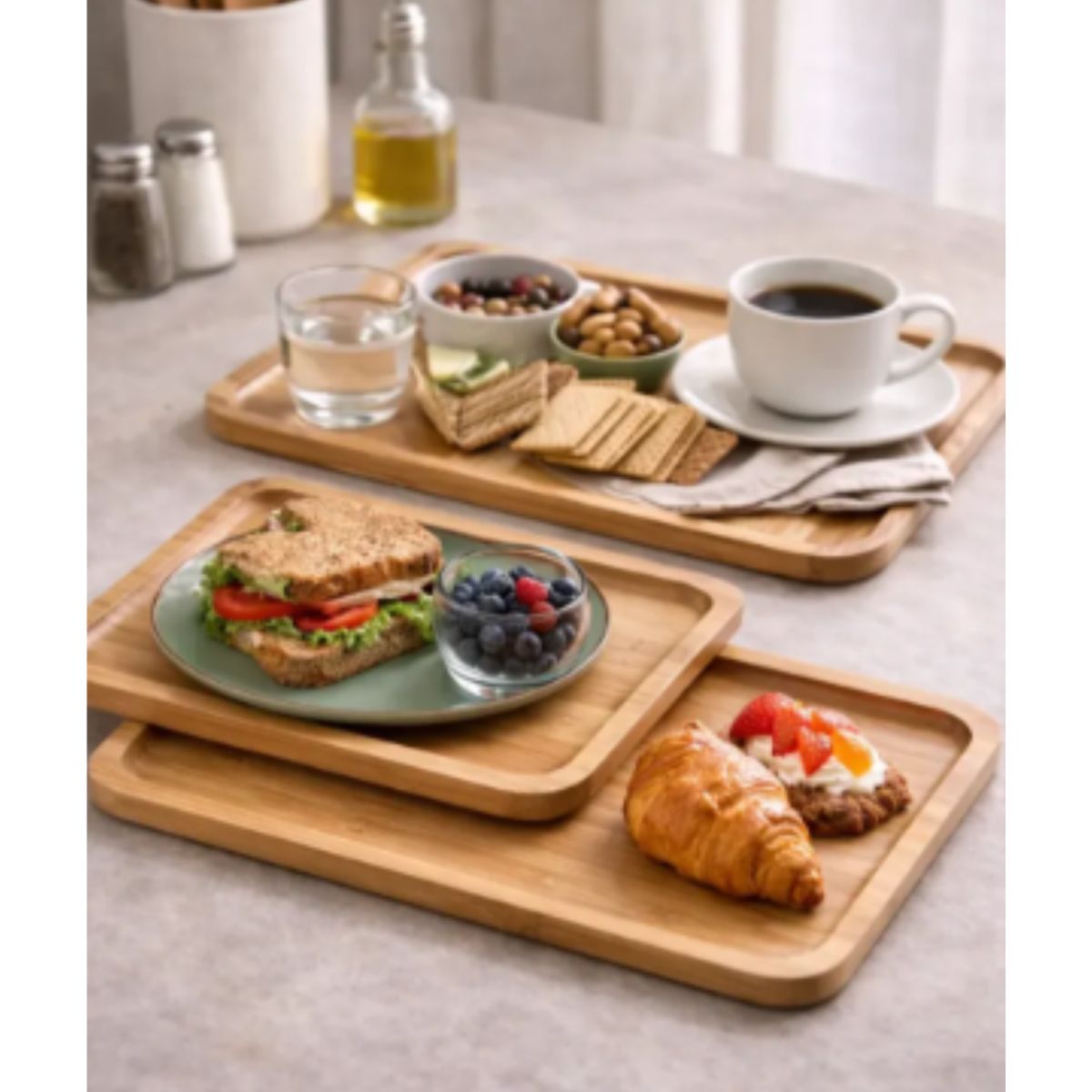 GENERICO - Set 3 Bandejas Bambú Rectangular Cocina Decoración Hogar