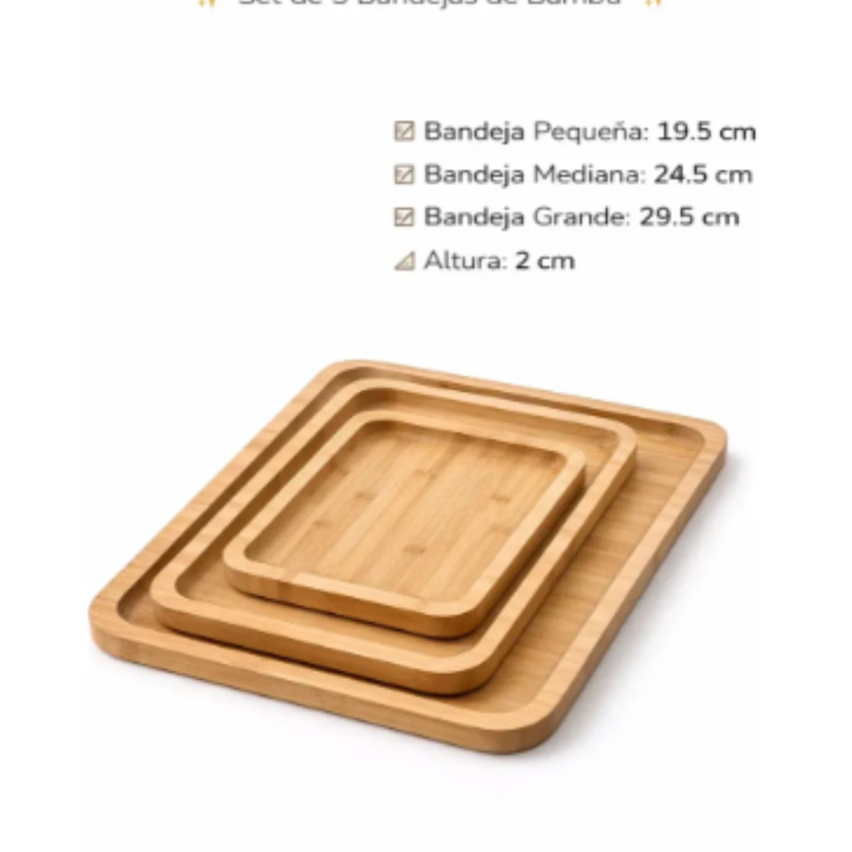 GENERICO - Set 3 Bandejas Bambú Rectangular Cocina Decoración Hogar