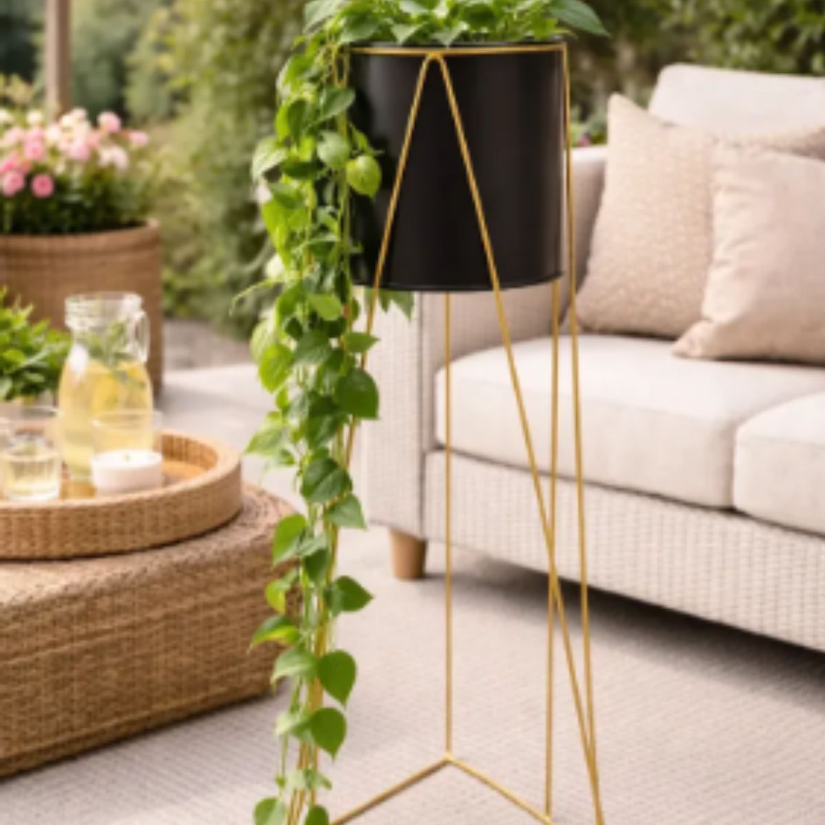 GENERICO - Macetero Metal Negro Base Dorada Moderno Decorativo