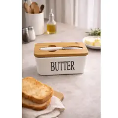 GENERICO - Mantequillera Cerámica Con Tapa Bambú Y Cuchillo Cocina
