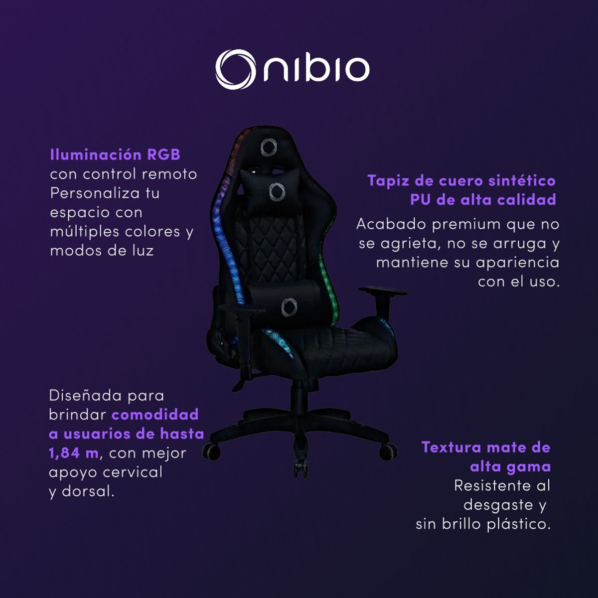 NIBIO - Silla Gamer Nibio Pro RGB con Control Remoto Apoyabrazos 2D Reclinable Negra