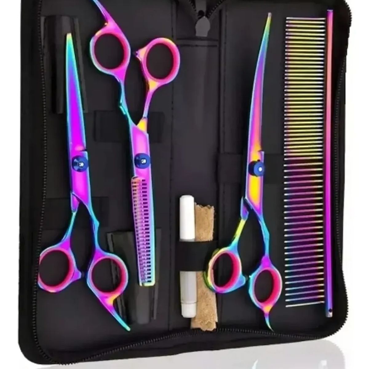 GENERICO - Set 4 Tijeras Profesionales Color Tornasol Con Estuche para mascotas