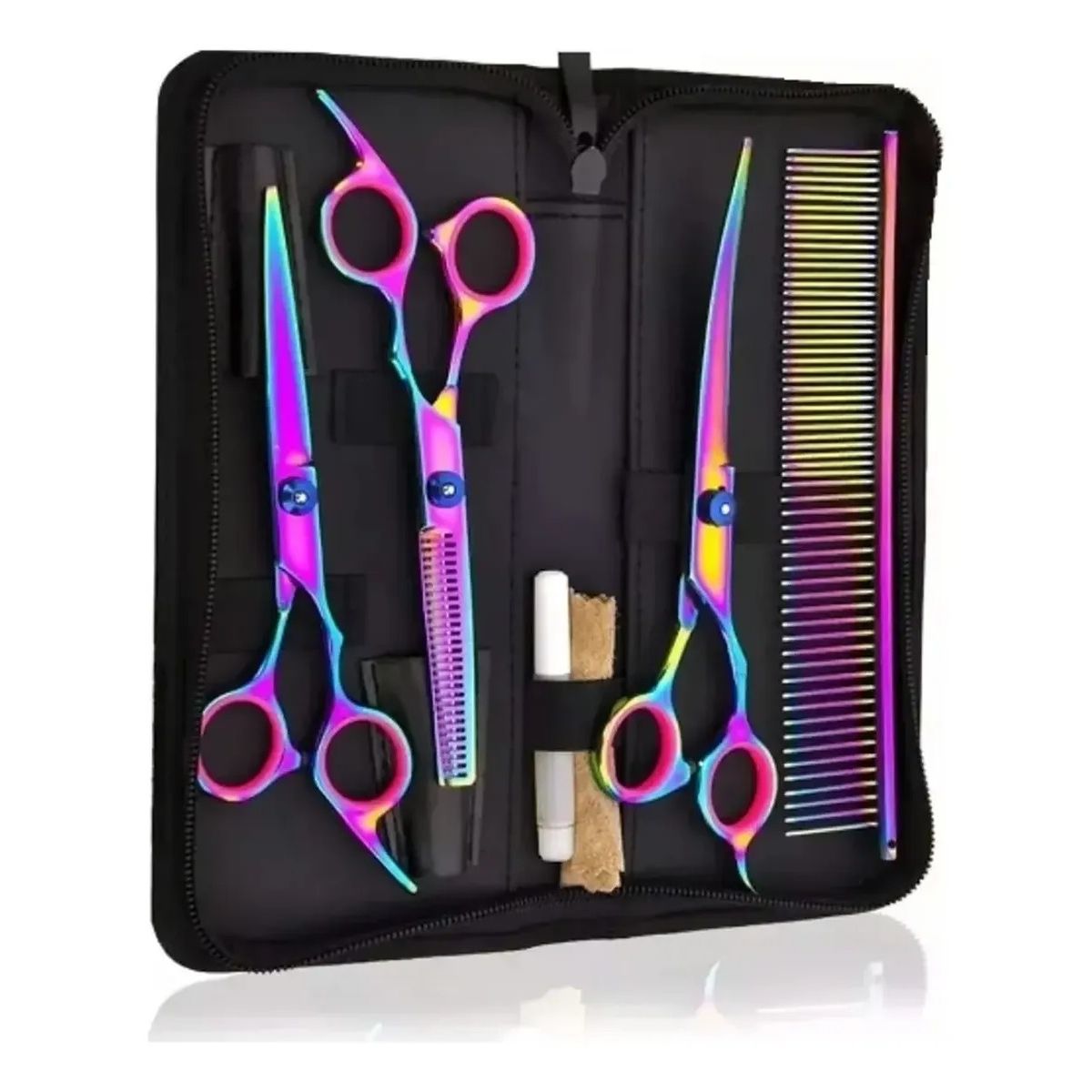 GENERICO - Set 4 Tijeras Profesionales Color Tornasol Con Estuche para mascotas