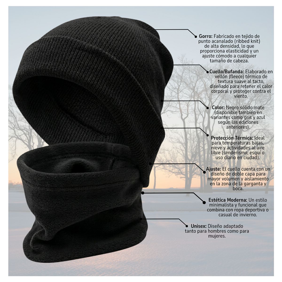 EKOL TACTICA MILITAR - Conjunto Térmico Invierno Gorro Polar Unisex + Cuello
