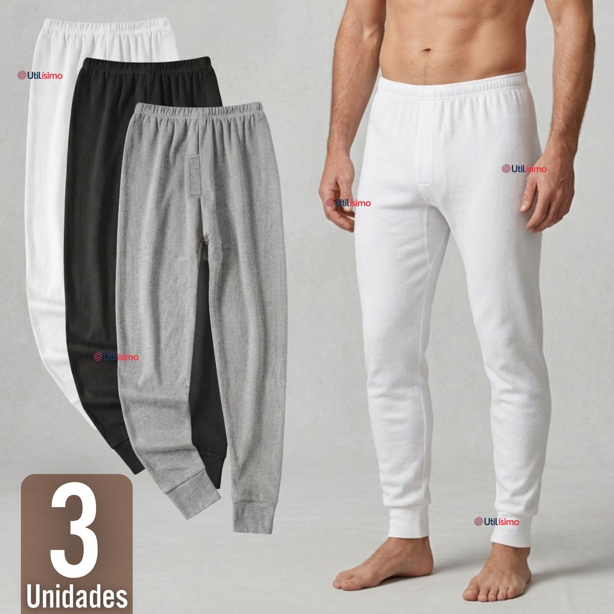 UTILISIMO - Pack 3 Calzoncillos Largos Algodón Calza Hombre Invierno Primera Capa