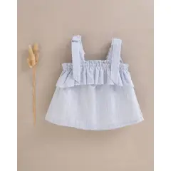 DADATI - Blusa niña de rayas azules pastel y blancas con lazos en tirantes y volante