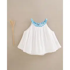 DADATI - Blusa niña blanca con cuello halter trenzado vichy turquesa