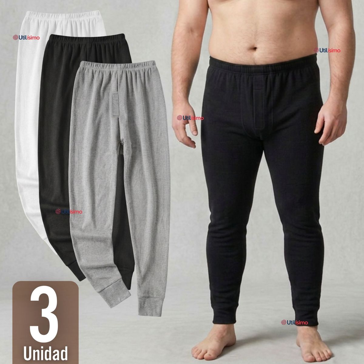UTILISIMO - Pack 3 Calzoncillos Largos Algodón Calza Hombre Invierno Primera Capa