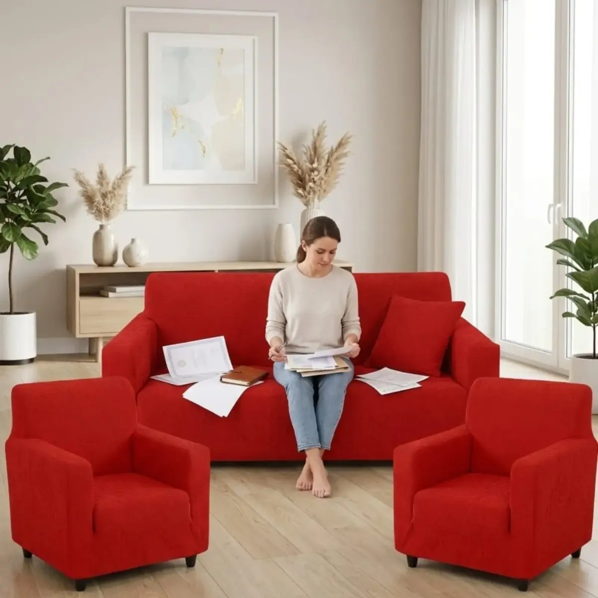 GENERICO - Juego de Fundas para Sillones 3+1+1 Diseño Hojas Elásticas y Lavables