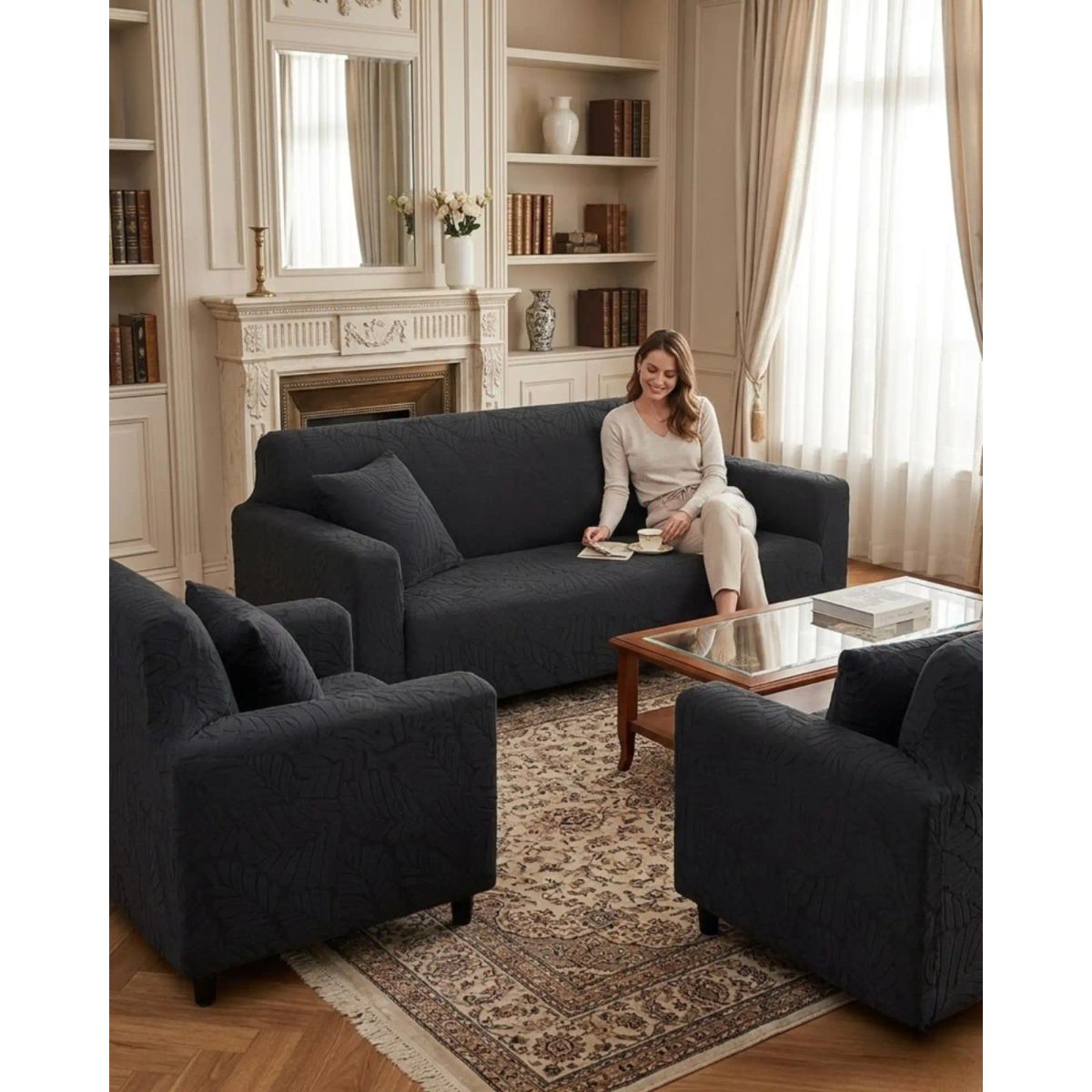 GENERICO - Juego de Fundas para Sillones 3+1+1 Diseño Hojas Elásticas y Lavables