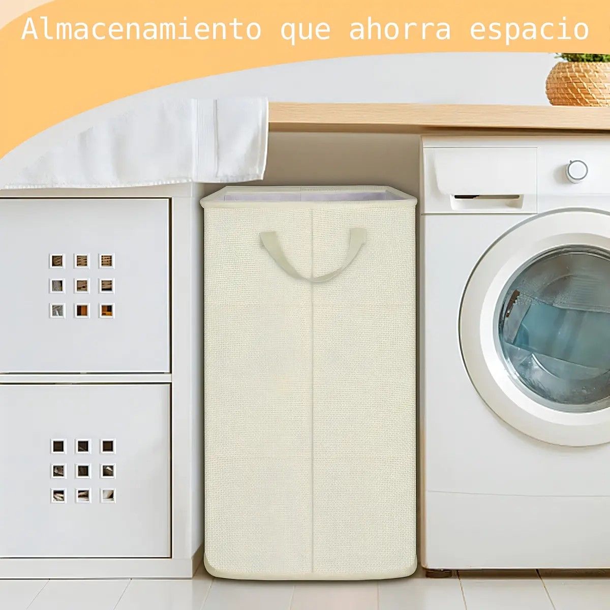 GENERICO - Cesto de Ropa Plegable 80 Litros Beige Asas Resistentes Diseño Cuadrado BELUG