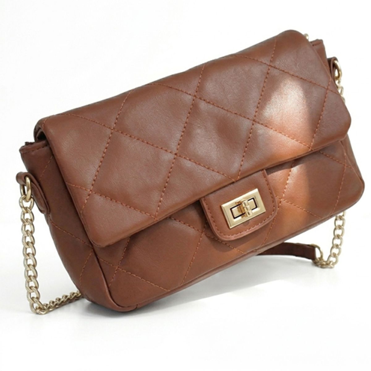 GENERICO - Cartera Bandolera Acolchada de Cuero Sintético con Cadena Dorada y Broche Giratorio