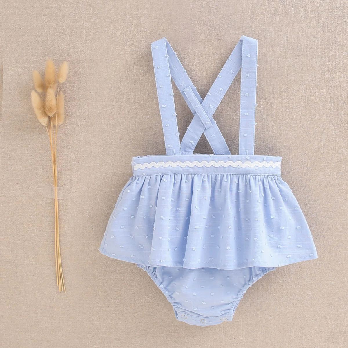 DADATI - Vestido bebé niña tipo pichi de plumeti azul con ribete blanco tipo Ranita