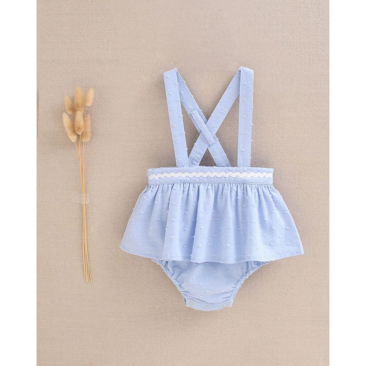 DADATI - Vestido bebé niña tipo pichi de plumeti azul con ribete blanco tipo Ranita