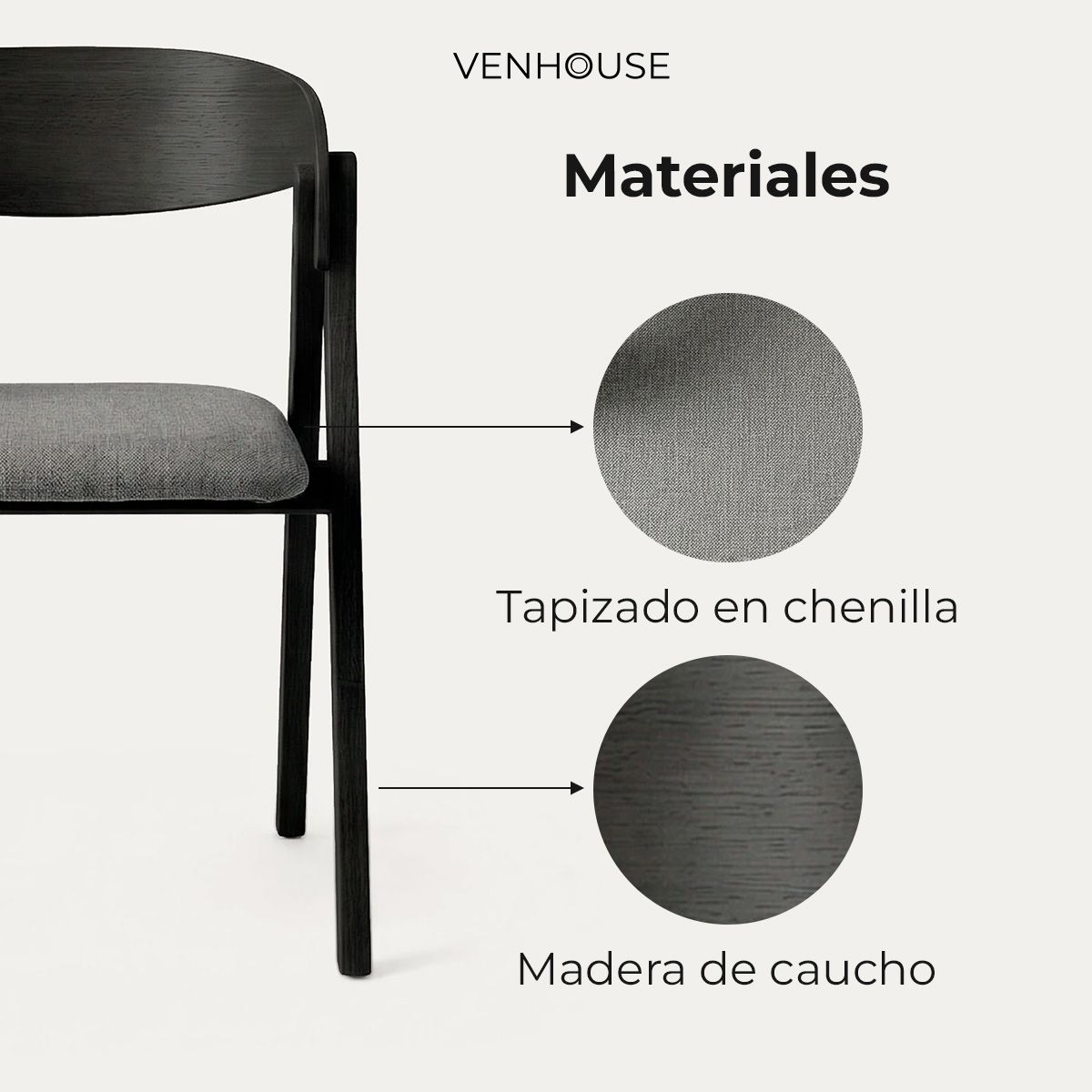 VENHOOUSE - Pack 2 Sillas Comedor Madera Tapiz Chenilla Margot Venhoouse Negra