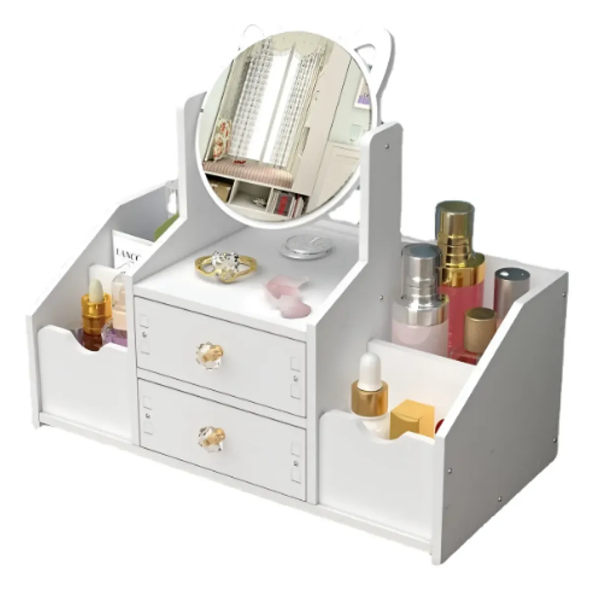 GENERICO - Organizador Maquillaje Y Espejo Redondo Orejas De Gato 360°