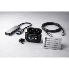 GENERICO - Pack Tech Pro Hub USB-C 4K + Cable 240W + Audífonos TWS Pantalla A9+