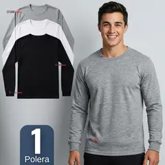 UTILISIMO - Camiseta Polera Algodón Primera Capa Manga Larga Hombre Cuello Redondo