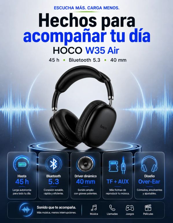 Audifonos Bluetooth W35 Air 45h iPhone Android Negro Negro