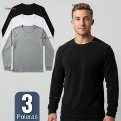 UTILISIMO - Pack 3 Camisetas Poleras Algodón Primera Capa Manga Larga Hombre Cuello Redondo