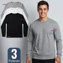 UTILISIMO - Pack 3 Camisetas Poleras Algodón Primera Capa Manga Larga Hombre Cuello Redondo