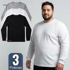 UTILISIMO - Pack 3 Camisetas Poleras Algodón Primera Capa Manga Larga Hombre Cuello Redondo