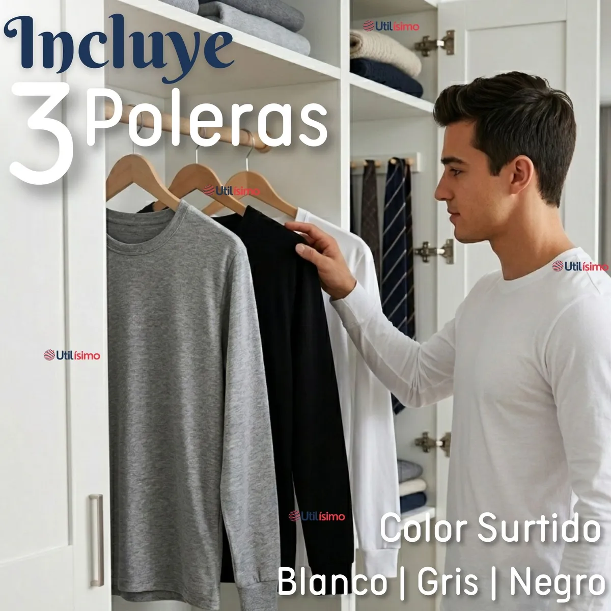 UTILISIMO - Pack 3 Camisetas Poleras Algodón Primera Capa Manga Larga Hombre Cuello Redondo