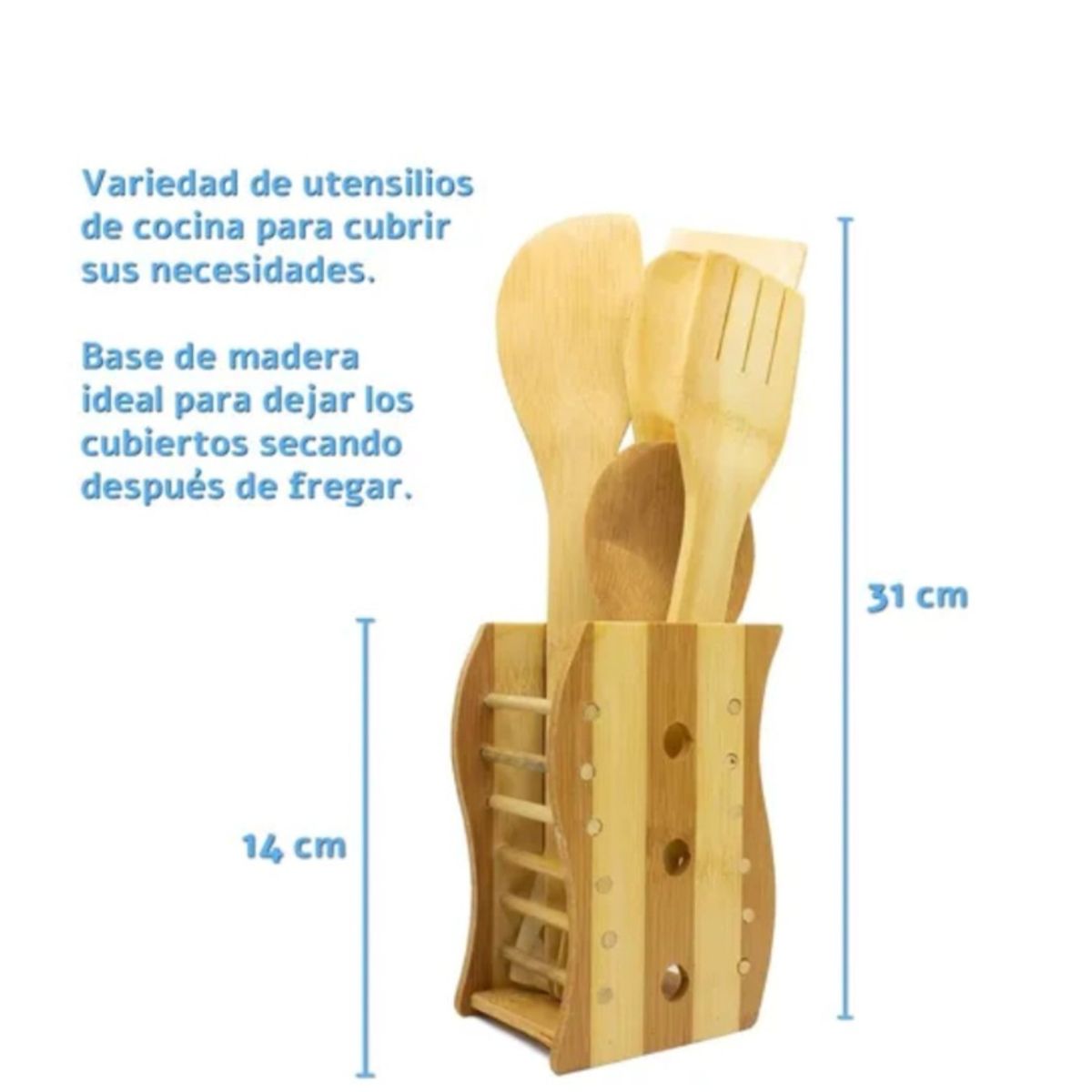 GENERICO - Kit De Utensilios De Cocina De Madera 5 Piezas Con Soporte