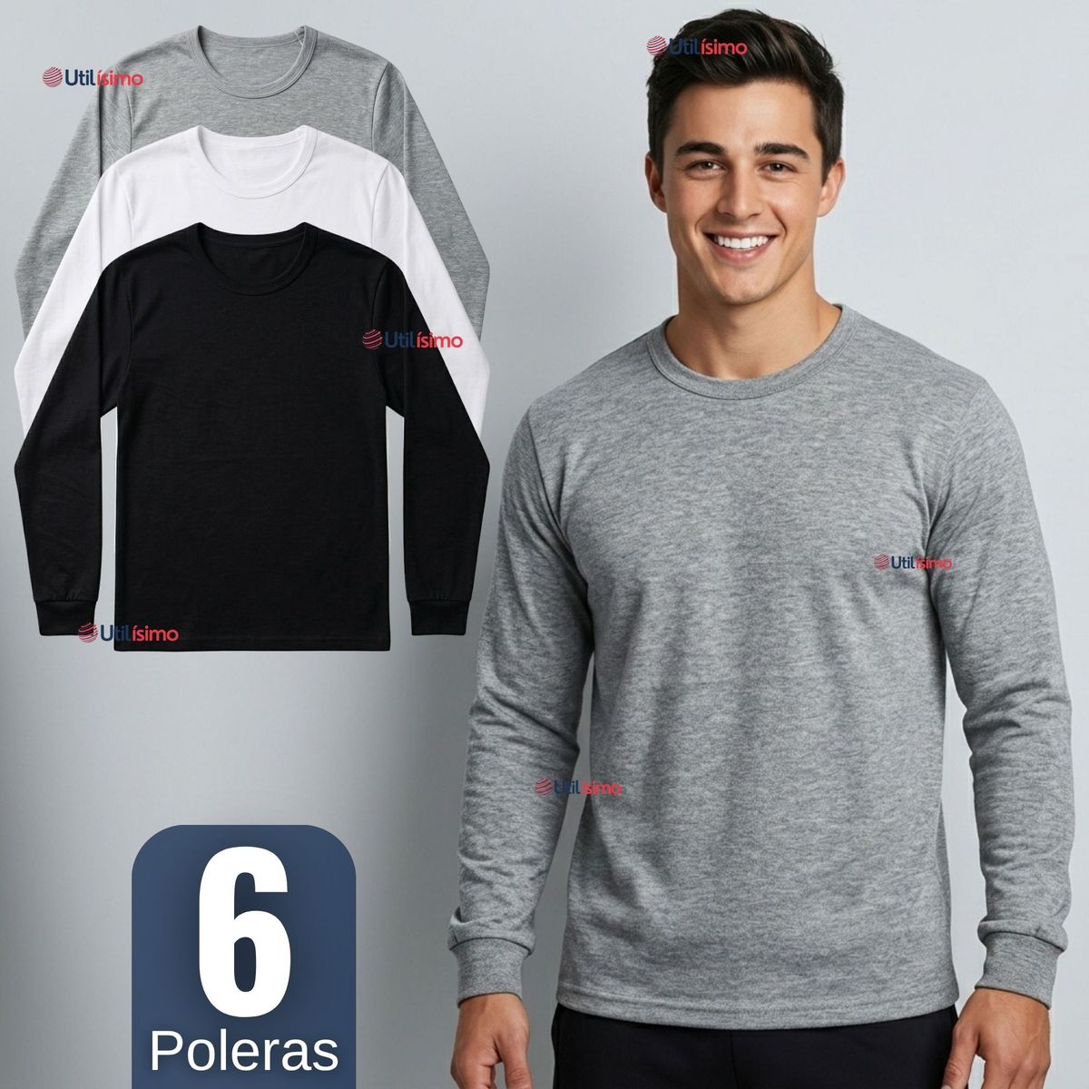 UTILISIMO - Pack 6 Camisetas Poleras Algodón Primera Capa Manga Larga Hombre Cuello Redondo