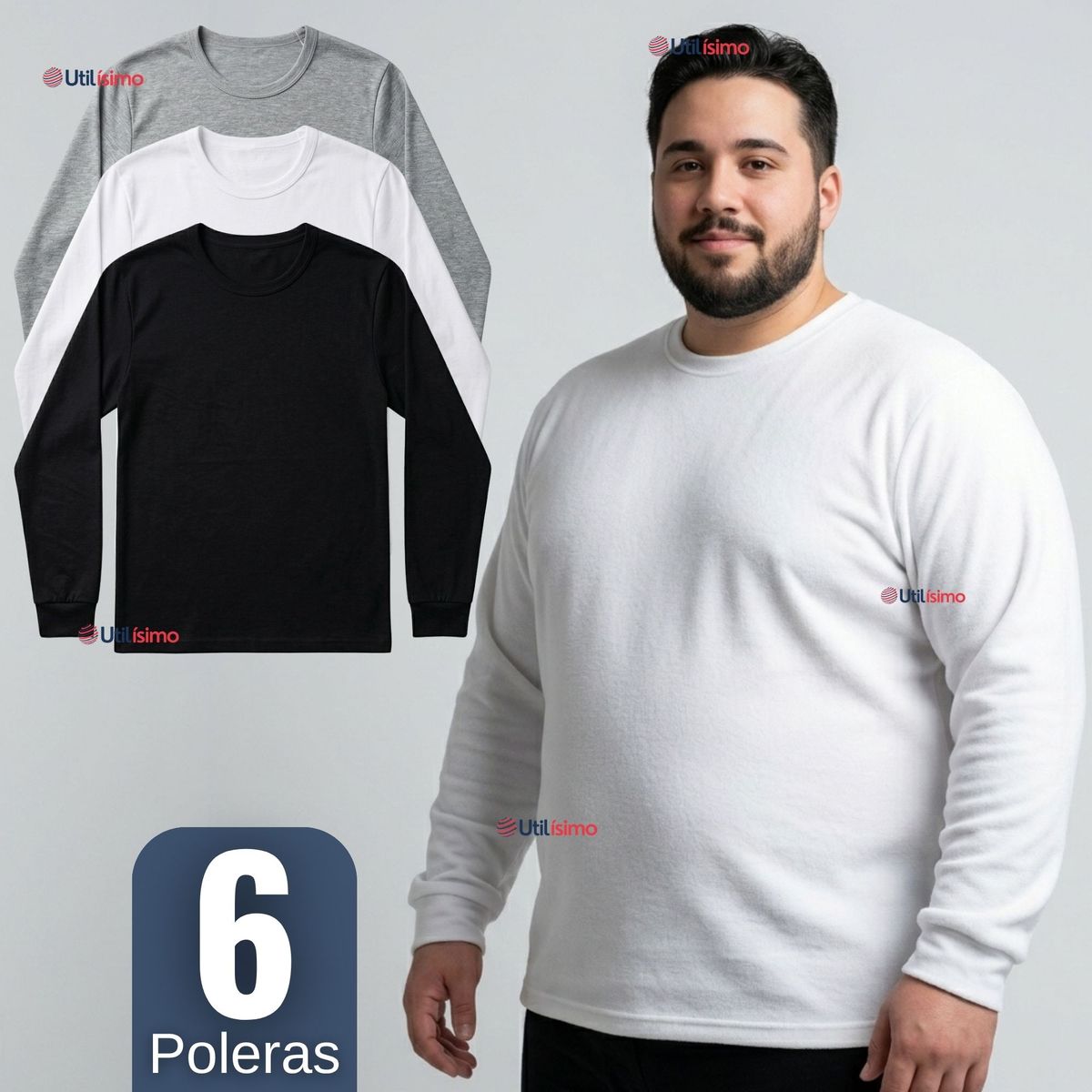 UTILISIMO - Pack 6 Camisetas Poleras Algodón Primera Capa Manga Larga Hombre Cuello Redondo