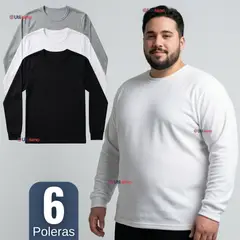 UTILISIMO - Pack 6 Camisetas Poleras Algodón Primera Capa Manga Larga Hombre Cuello Redondo