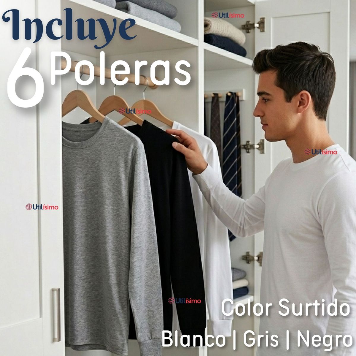 UTILISIMO - Pack 6 Camisetas Poleras Algodón Primera Capa Manga Larga Hombre Cuello Redondo