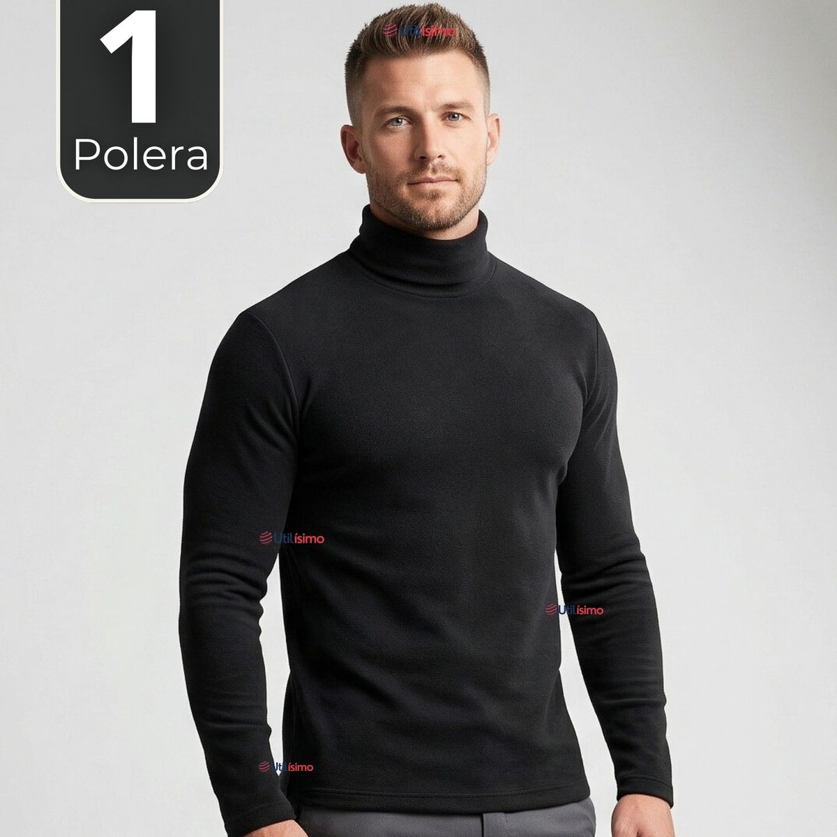 UTILISIMO - Camiseta Polera Polar Primera Capa Cuello Beatle Manga Larga Negro Hombre