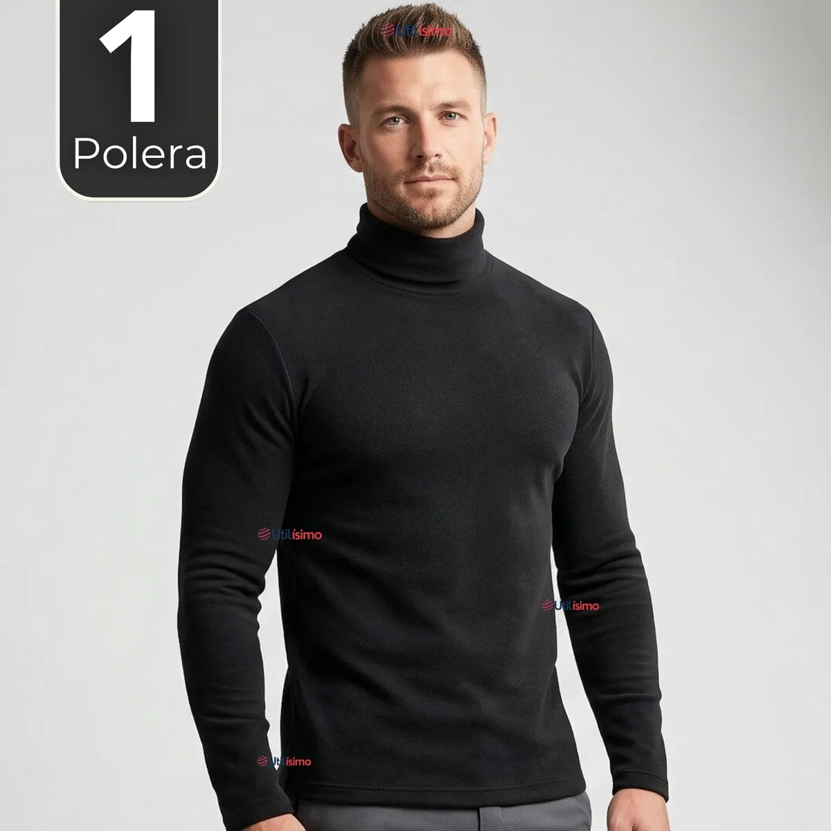 UTILISIMO - Camiseta Polera Polar Primera Capa Cuello Beatle Manga Larga Negro Hombre