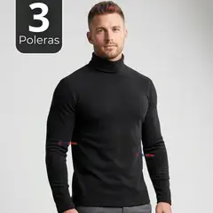 UTILISIMO - Pack 3 Camisetas Poleras Polar Primera Capa Cuello Beatle Manga Larga Negro Hombre