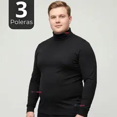 UTILISIMO - Pack 3 Camisetas Poleras Polar Primera Capa Cuello Beatle Manga Larga Negro Hombre