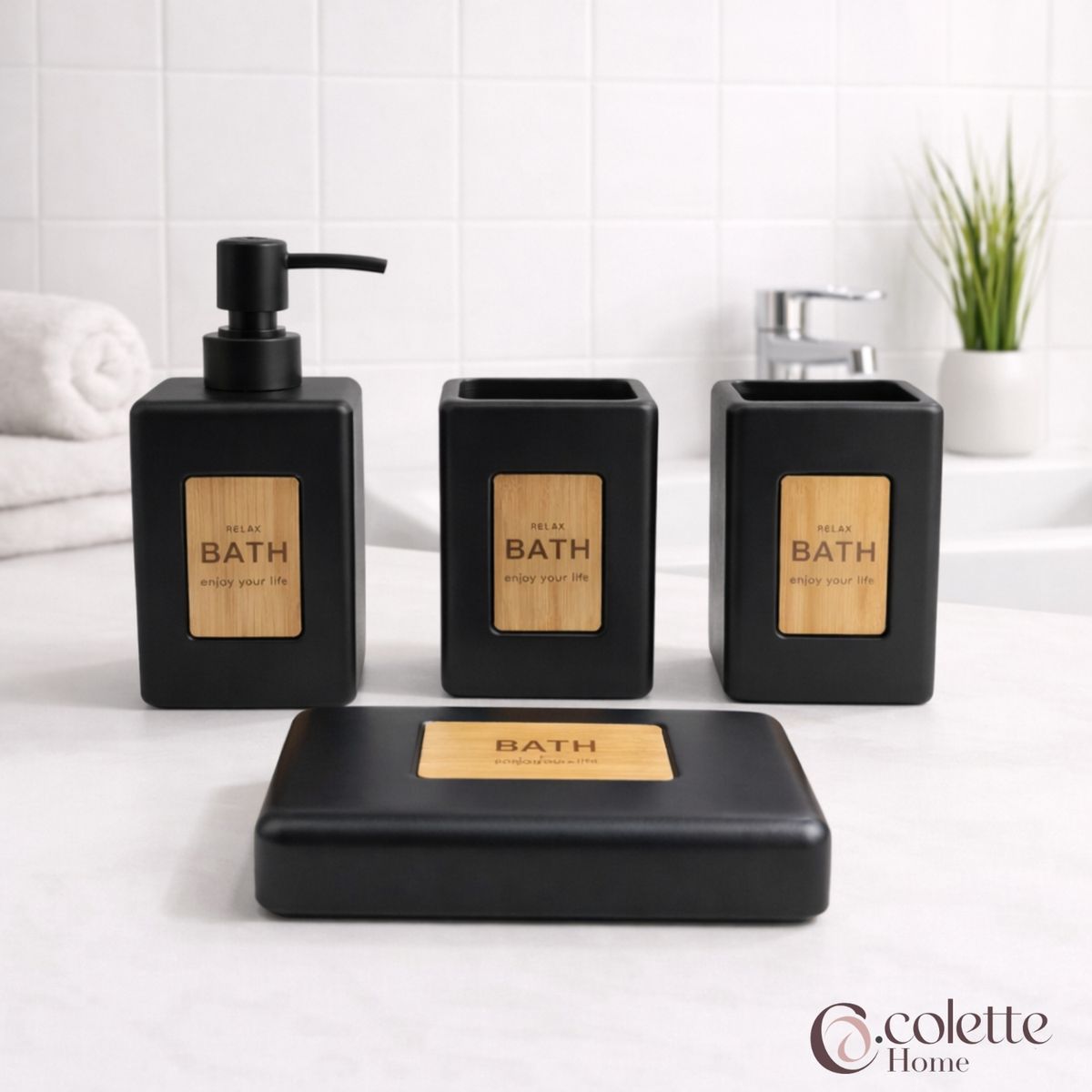 COLETTE - Set de Accesorios de Baño 4 Piezas Cerámica Burbujas Black