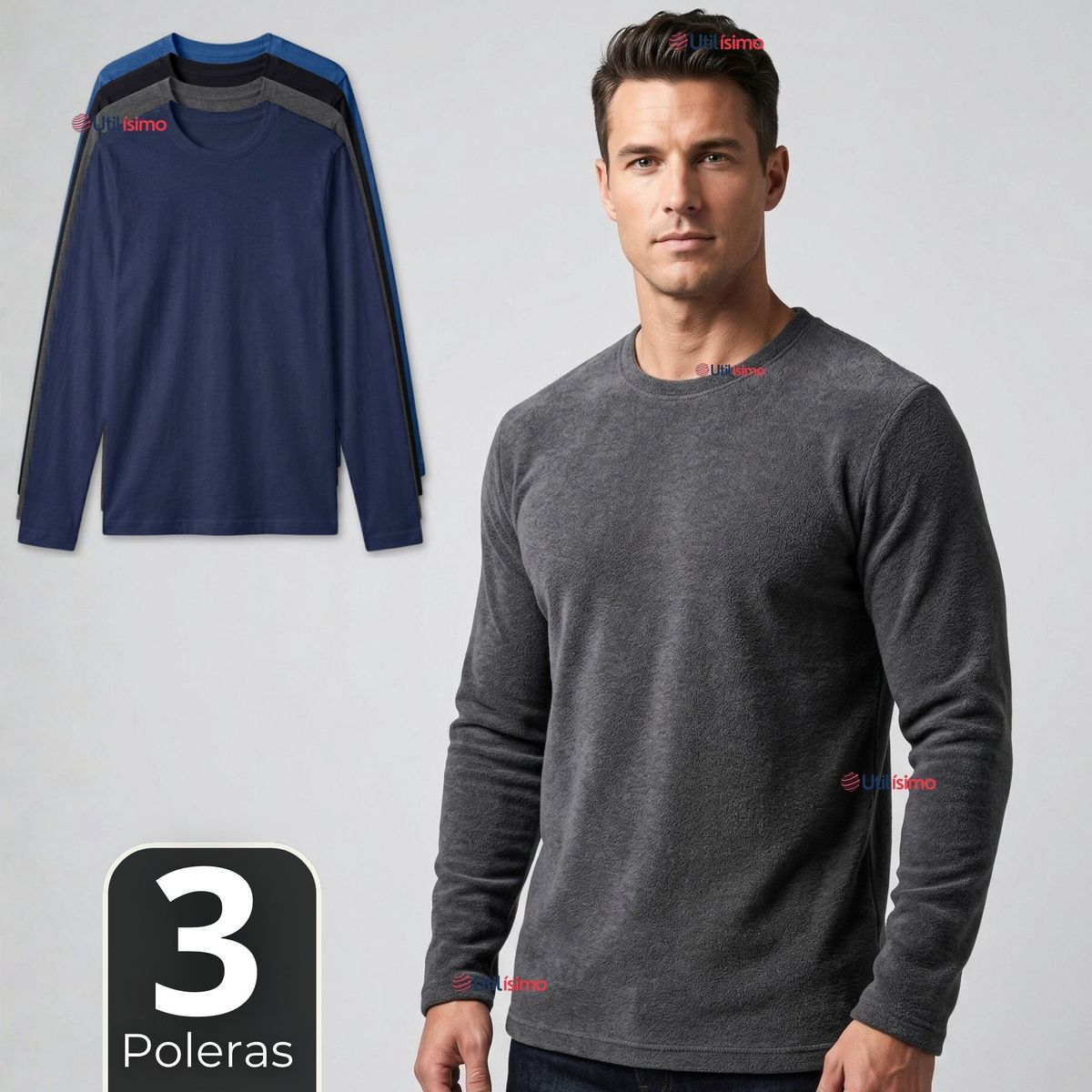 UTILISIMO - Pack 3 Camisetas Poleras Polar Primera Capa Manga Larga Colores Surtidos Hombre