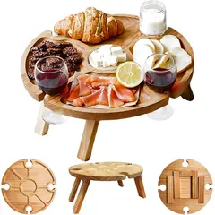 KUANGYE - Mesa Picnic Plegable Portátil De Madera Con Soporte Para Copas De Vino,Para Jardín,Viajes,Camping