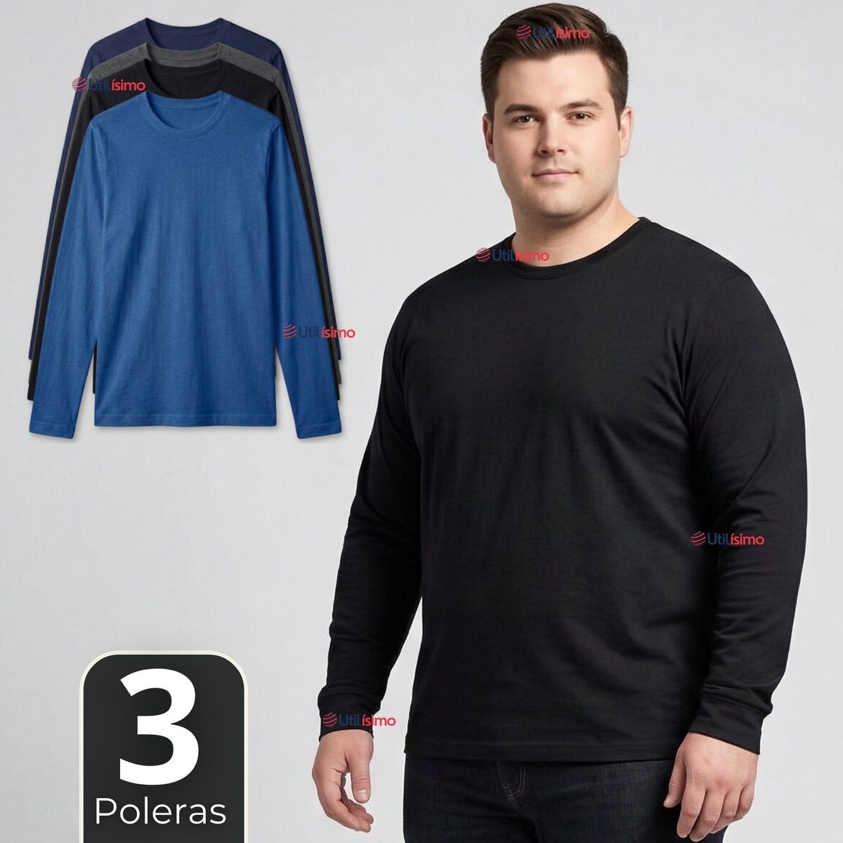 UTILISIMO - Pack 3 Camisetas Poleras Polar Primera Capa Manga Larga Colores Surtidos Hombre